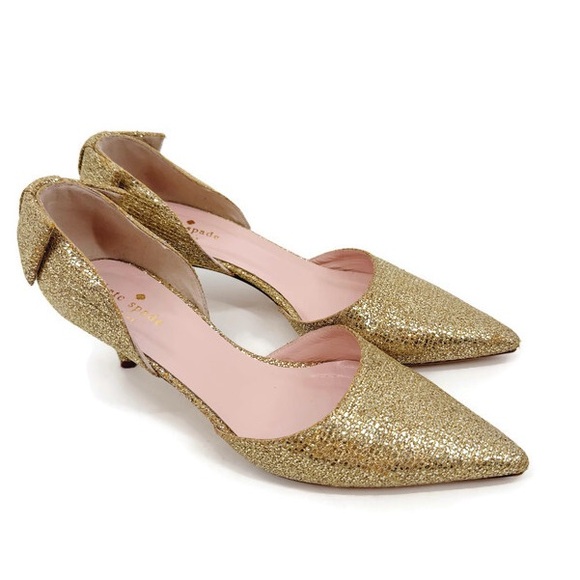 Kate Spade Gold Glitter Kitten Heels Size 8 D’Orsay Pointed Toe Bow Back Italy - Picture 12 of 12